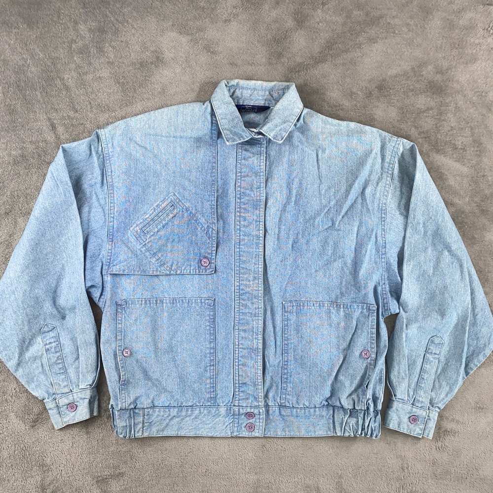 Woolrich Denim Jacket Womens XL Blue Vintage 80s Bomber Cape Back Light Wash